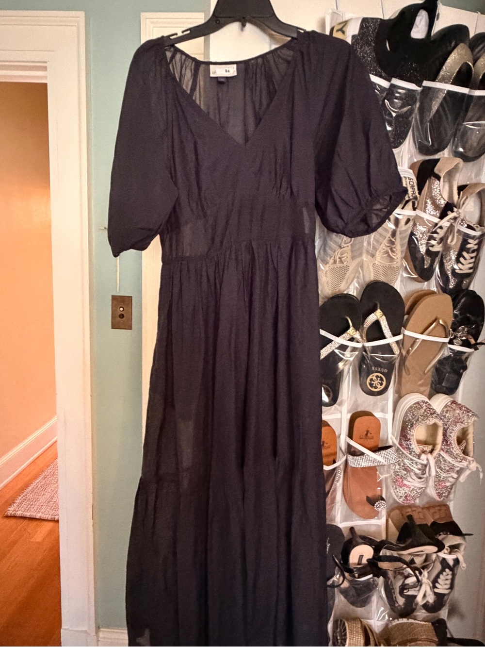 Navy Maxi Dress with Puff Sleeves